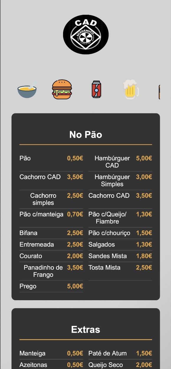 The CAD café/bar menu page, showing prices for food and drinks on a mobile screen.