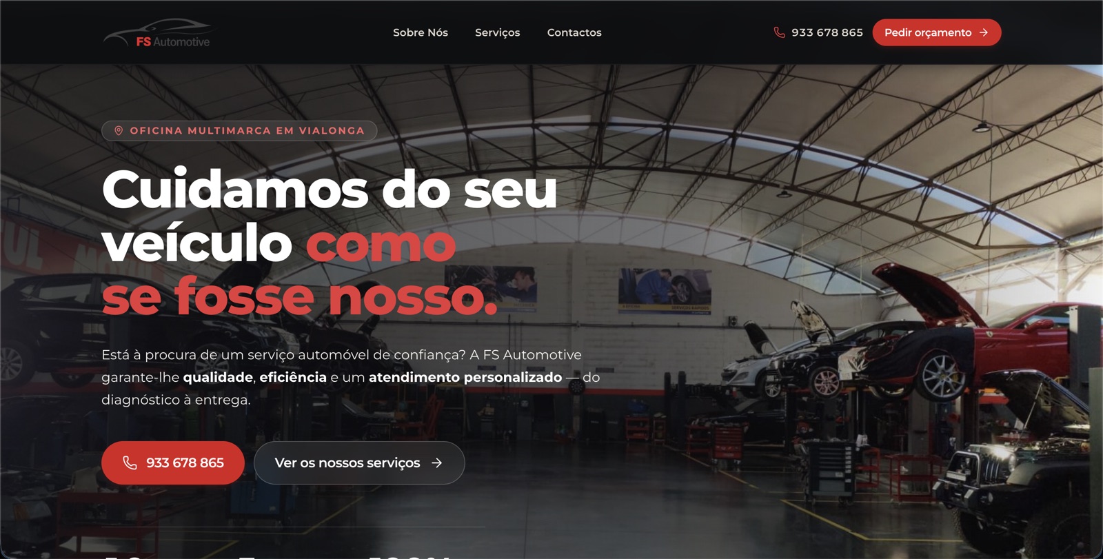 Homepage of the FS Automotive website, showing the hero section with the workshop bay in the background.