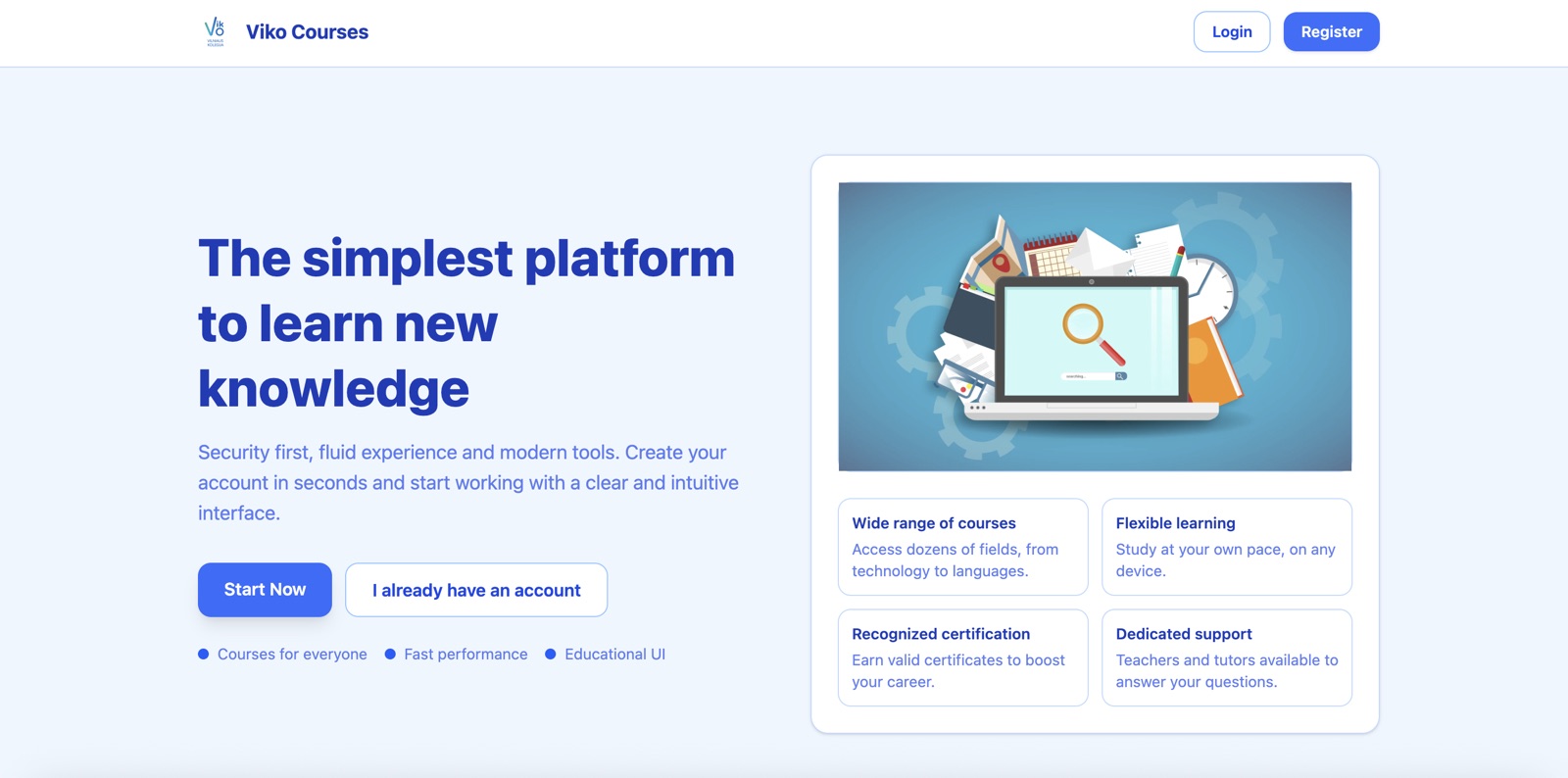 Homepage of the Viko Courses platform, showing the hero section and course highlights.